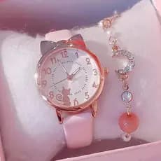 Conjunto De Relógio Feminino Moda Pulseira De Contas Gatinho Fofo (Sem Caixas)