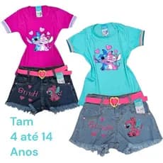 conjunto jeans stitch infantil short c cinto, e blusa no 2 4 6 8 10 12 14 16 anos roupa infantil menina juvenil infantil
