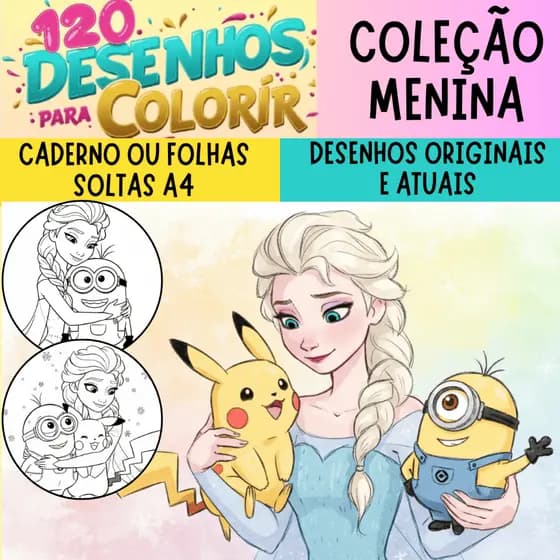 Caderno de desenhos para colorir MENINA - 120 Desenhos (2 por folha) - Livro infantil, livrinho de colorir, lembrancinha