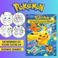 Caderno de Desenhos para Colorir POKEMON - 60 Desenhos Grandes (1 por folha) - Livro para colorir, infantil,lembrancinha