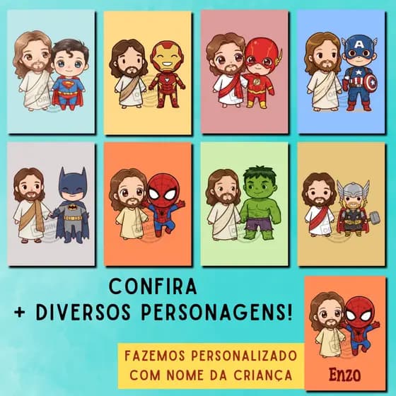 Placa Quadro Decorativo Infantil PERSONALIZADO Jesus Heróis Desenhos Infantis - MDF 3mm (Bíblia infantil, Quadro Jesus)