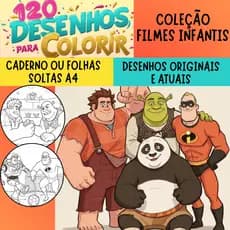 Caderno de desenhos para colorir PERSONAGENS INFANTIS - 120 Desenhos (2 por folha) - Livrinho de colorir, livro infantil
