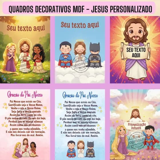 Placa Quadro Decorativo PERSONALIZADO Jesus Heróis e Princesas (Oração Pai Nosso, Evangelização, Porta Maternidade)
