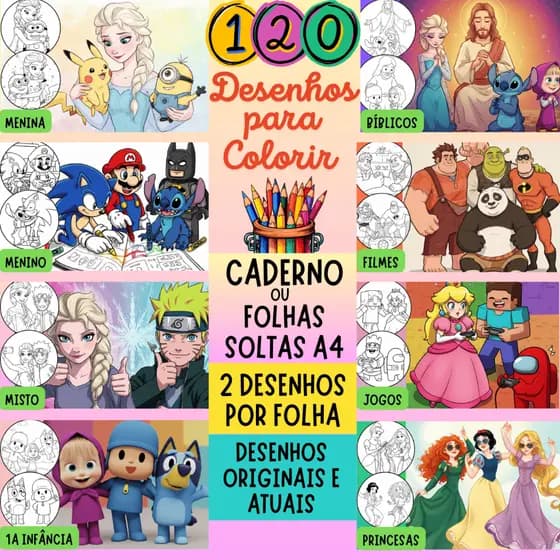 Kit 120 Desenhos para Colorir Folha A4 (2 por folha) - Caderno de desenhos para colorir, Heróis Princesas Jesus Bíblia