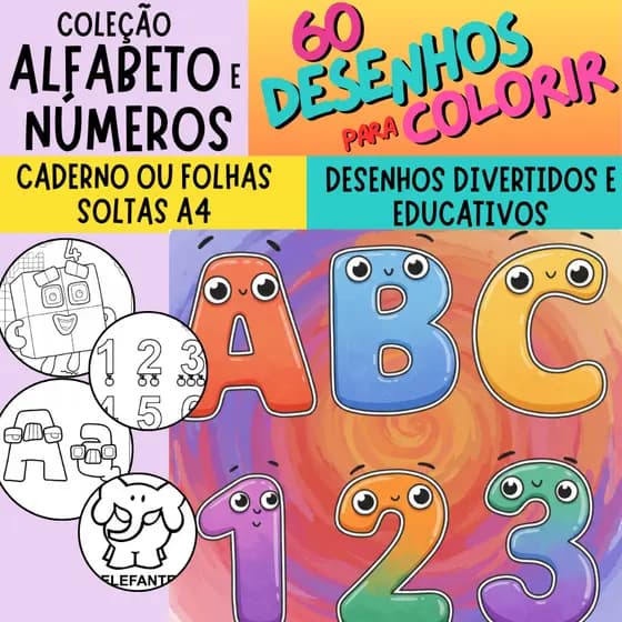 Caderno de desenhos para colorir ALFABETO LETRAS e NÚMEROS - 60 desenhos GRANDES - Livro de alfabetização infantil
