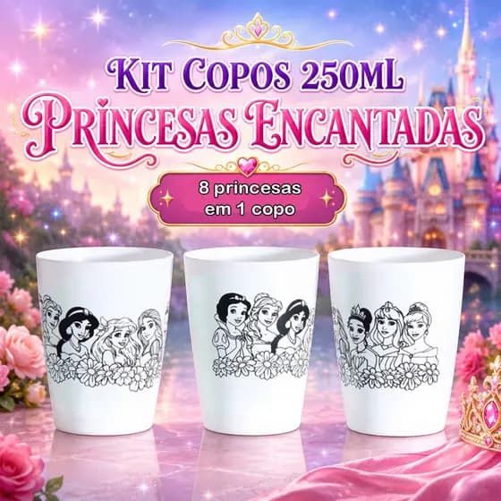 Kit de 10 a 50 Copos para Colorir Princesas Encantadas – Brindes e Lembrancinhas Infantis 👑