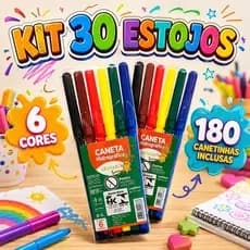 Kit 30 Estojos Canetinhas Hidrográficas - 6 Cores Laváveis, Escolar, Brindes - 180 Unidades ✏️