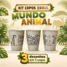 Kit 10 a 50 Copos para Colorir 250ml - ANIMAL KIDS Lembrancinhas Brinde Festa Infantil Aniversário 🐯
