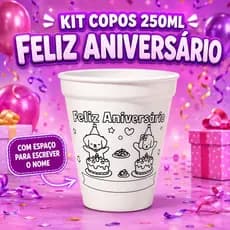 Kit de 10 a 50 Copos para Colorir Feliz Aniversário – Com Espaço para Nome, Brindes, Presente,  🧡