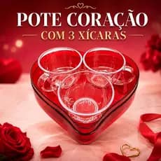 Kit Presente Caixa Coração Acrílica Vermelho com 3 Xícaras de Chá p/ Namorada e Mães, Café da Tarde💝