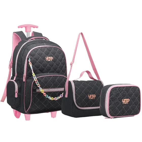 Kit Mochila Grande Jeans Rodinha Com Estojo Box Lancheira Térmica Escolar Juvenil Feminina
