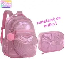 Kit Mochila Grande Coração Glitter Candy Collor Com Chaveiro e Estojo Feminina Escolar