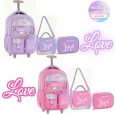 Kit Mochila Holográfica Love Escolar Juvenil 2 Rodas Feminino Passeio Escolar Metalizado Lancheira Térmica E Estojo