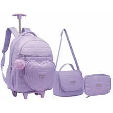 Kit Mochila Feminina De Rodinha Coração Juvenil Escolar Com Chaveiro