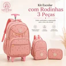 Kit Mochila 18” Escolar Juvenil 2 Rodas Estampa Borboleta Passeio Metalizado Luxo Com Lancheira Térmica E Estojo