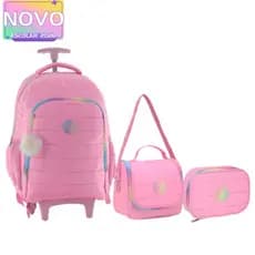 Kit Mochila 18” Escolar Juvenil Estampa Liso Com 2 Rodas Feminino Com Lancheira Térmica E Estojo