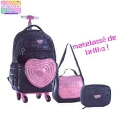 Kit Mochila Coração Glitter Rodinha 360° Feminina Escolar Candy Collor Com Chaveiro Lancheira Térmica e Estojo