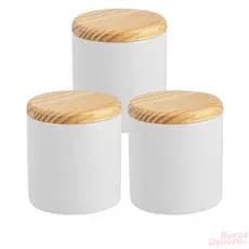 Kit 3 porta cotonete porcelana com tampa madeira pote louça conjunto porta cotonetes potes de louça 300 ml
