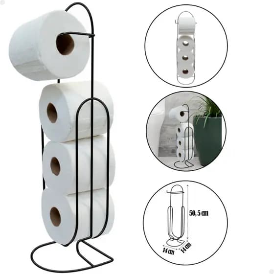 Porta Papel Higiênico Suporte Chão Banheiro Aramado 4 Rolos Preto
