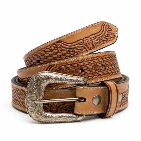 Cinto Agro Country Premium Masculino Bruto  Em Couro Legítimo Premium Desenho De Boi Fivela Prateada Original