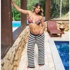 Calça Saida De Praia Listrada Crochê Tricot Feminina Modinha Moda Verão Confortavel