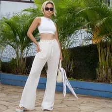 Calça Lisa Saida de Praia Crochê Tricot Feminina Com Ajuste Na Cintura Estampa