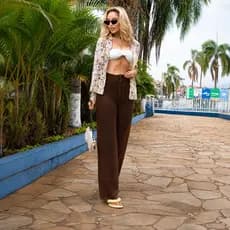 Calça Saída De Praia Tricot Crochê Vazada Moda Verão Blogueira Estilosa Soltinha Biquini