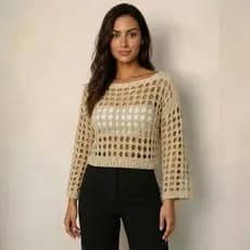 Blusa Manga Longa Cropped Tricô Crochê Premium Novidade Inverno