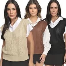 Kit 3 Coletes Femininos Tricô Trançado Blusinha de Inverno Verão Estilosa Lançamento da Moda