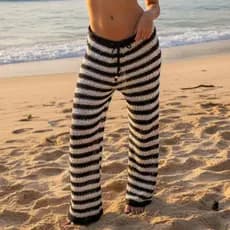 Calça Listrada Saída de Praia Feminina Tricot Crochê Premium Ajustável Moda Verão