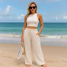 Calça Lisa Saída de Praia Feminina Tricot Crochê Tendência Verão Tricô Premium