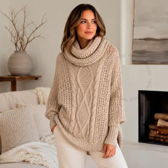 Poncho Premium Gola Alta Feminino Luxuoso Inverno Elegante Tricot Confortável Blusa Tricô