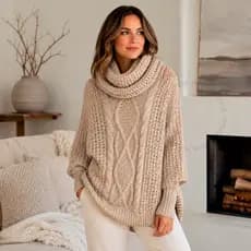 Poncho Premium Gola Alta Feminino Luxuoso Inverno Elegante Tricot Confortável Blusa Tricô