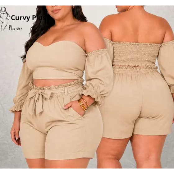 Conjunto Plus Size Feminino Verão Short e Blusa Manga Longa Social Festa Elegante