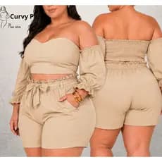 Conjunto Plus Size Feminino Verão Short e Blusa Manga Longa Social Festa Elegante