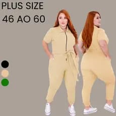 Macacao Plus Saize Jogger Skinny Punho Elástico Laço Alfaiataria Laicra Bolsos Cargo Ziper Outono