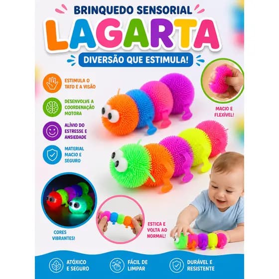 Brinquedo Infantil Lagarta com Led De Apertar E Esticar Colorida