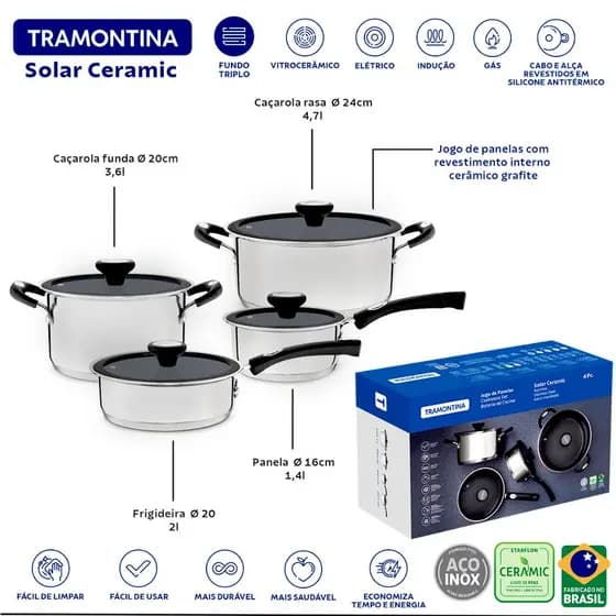 Jogo de Panelas Tramontina Solar  Aço Inox Indução Antiaderente Cerâmico 4 Pçs