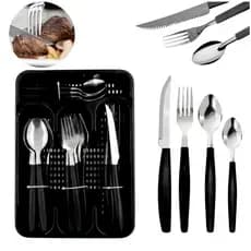 Faqueiro Jogo 25 Peças Inox Preto Conjunto Porta Talheres Kit Completo