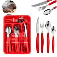 Faqueiro Jogo 25 Peças Inox Vermelho Conjunto Porta Talheres Kit Completo