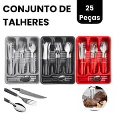 Faqueiro Jogo 25 Peças Inox Conjunto Porta Talheres Kit Completo Cinza/Preto/Vermelho