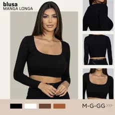 Blusa Cropped Feminino Manga Longa Decote Quadrado Casual P ao G