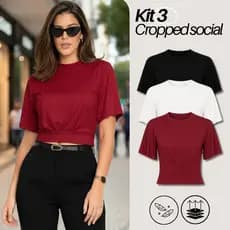 Kit 3 Blusa Cropped Feminina Manga Bufante Morcego Viscolycra Premium M ao GG