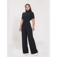 Conjunto Feminino Calça Pantalona Wide Leg Blusa Manga Curta Gola Alta Canelado Premium