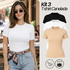 Kit 3 Blusa T-Shirt Baby Tee Feminina Malha Canelada Premium Gola Redonda Manga Curta M ao GG