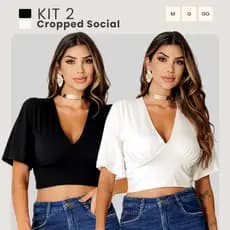 Kit 2 Blusa Cropped Decote V Manga Ampla Morcego Tecido Viscolycra Premium P ao G