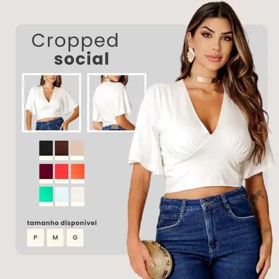 Blusa Cropped Feminino Decote V Manga Ampla Malha Premium Afina Cintura P ao G