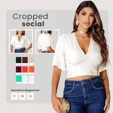 Blusa Cropped Feminino Decote V Manga Ampla Malha Premium Afina Cintura P ao G