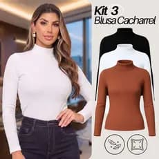Kit 3 Blusa Feminina Cacharrel Gola Alta Manga Longa Toque Macio Premium Segunda Pele M ao GG