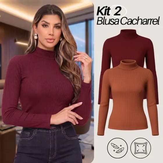 Kit 2 Blusa Feminina Cacharrel Gola Alta Manga Longa Segunda Pele Premium M ao GG